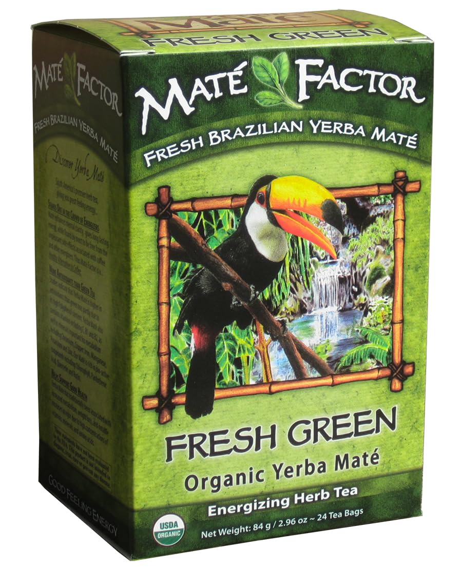 Mate Factor Yerba Mate tea bags in front of the box, quick energizing option.