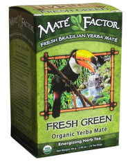 Mate Factor Yerba Mate tea bags in front of the box, quick energizing option.