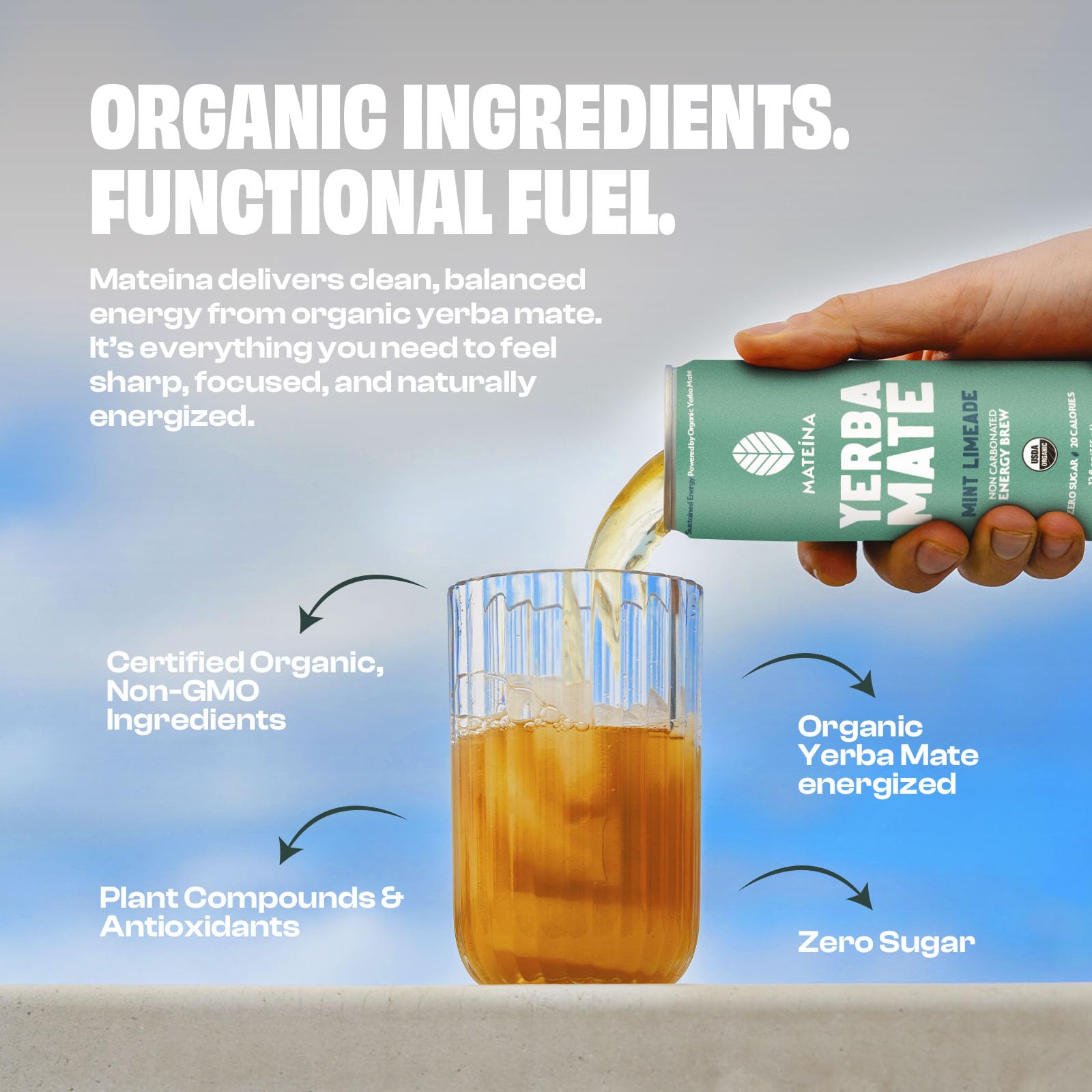 Graphic showing 120 mg caffeine and natural ingredients from Mateina