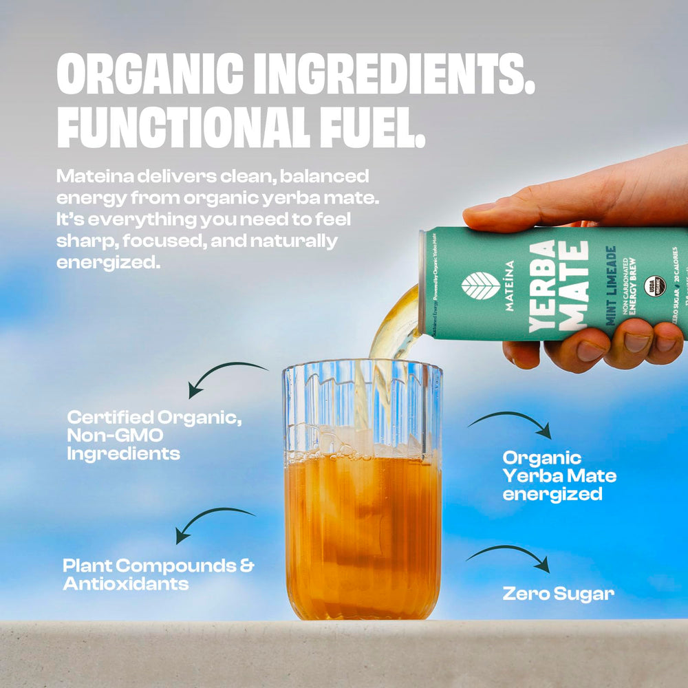 Graphic showing 120 mg caffeine and natural ingredients from Mateina