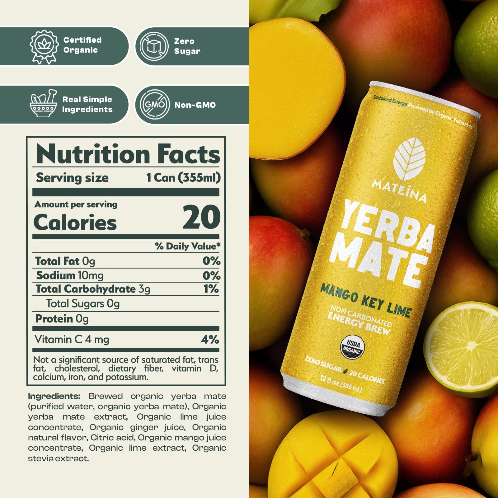 Mateina Yerba Mate Zero Sugar can side view supports portable, sugar-free energy on the go