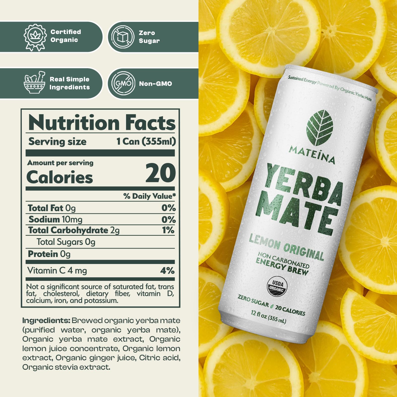Mateina Yerba Mate Zero Sugar label closeup; organic energy details and caffeine amount