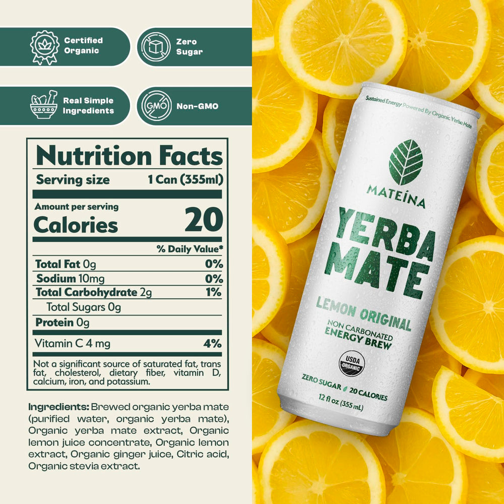 Mateina Yerba Mate Zero Sugar label closeup; organic energy details and caffeine amount