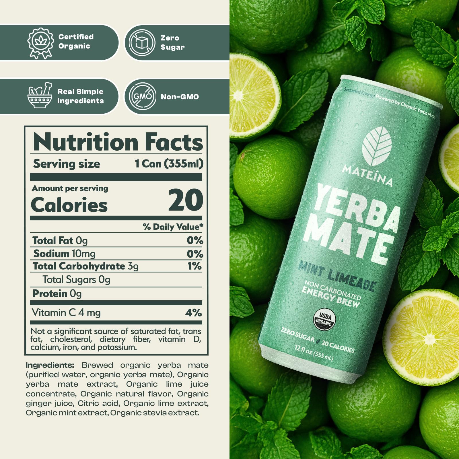 Close-up of Mateina mint limeade label highlighting natural flavor and zero sugar