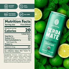 Close-up of Mateina mint limeade label highlighting natural flavor and zero sugar