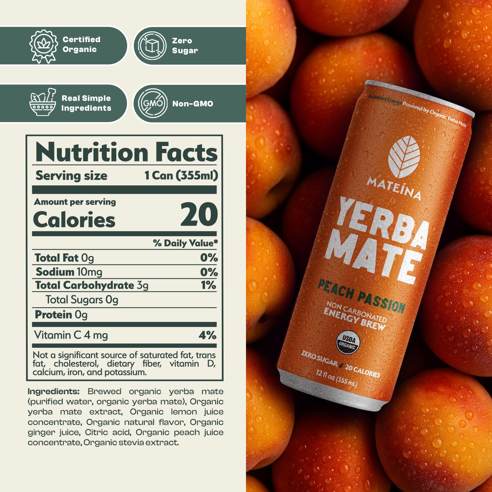 Mateina Peach Passion bottle highlighting organic, non-GMO energy
