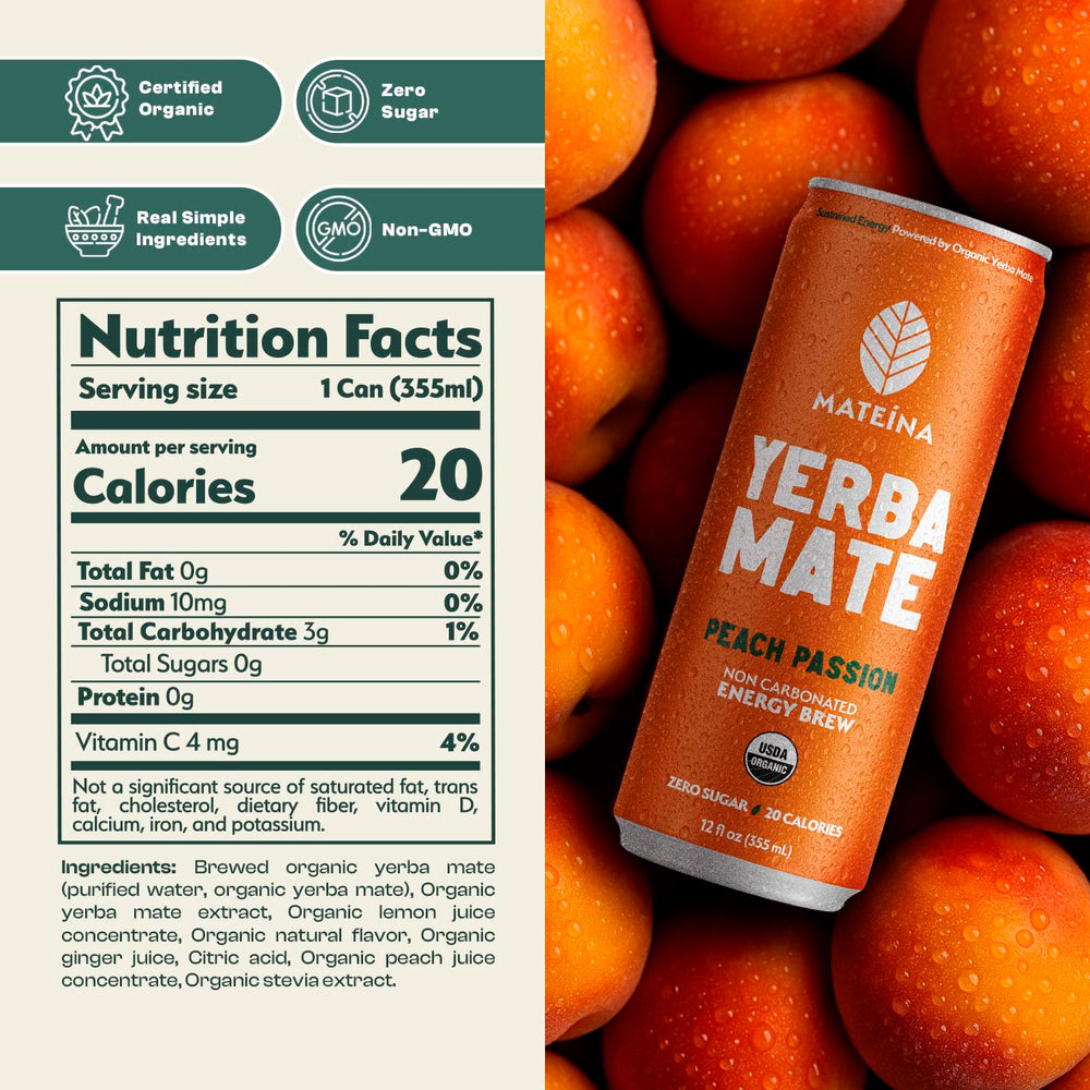 Mateina Peach Passion bottle highlighting organic, non-GMO energy