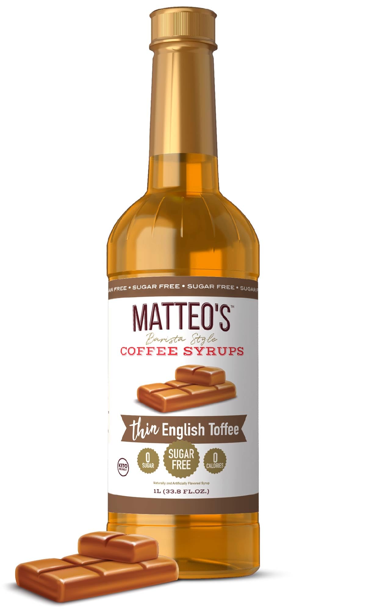Mateo's English Toffee Syrup bottle showcases rich flavor without sugar for everyday coffee pleasure.