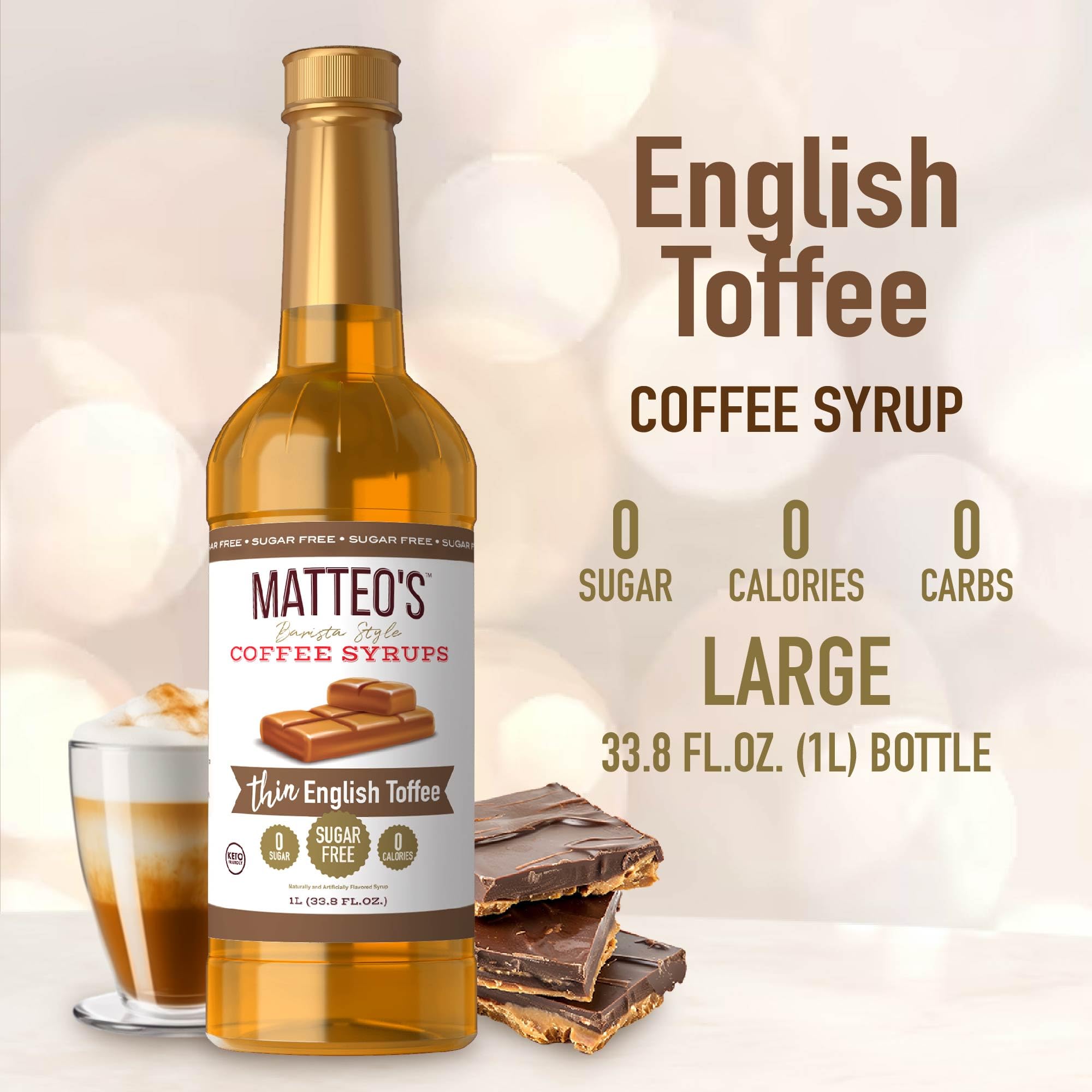 A cup of coffee with Matteo's syrup highlights toffee notes and creamy aroma.