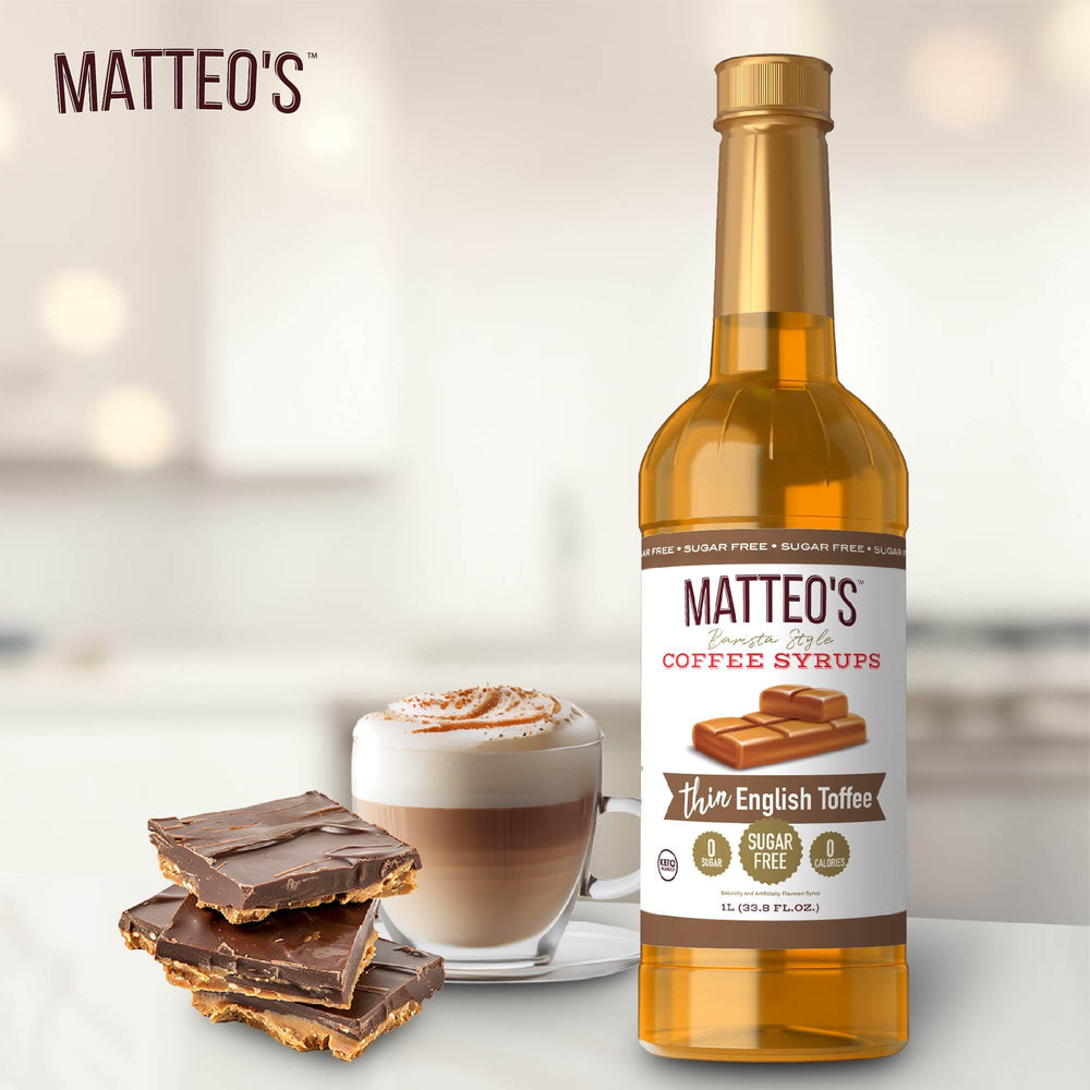 Kitchens showing Matteo's syrup bottle beside a mug, highlighting keto-friendly sweetness.