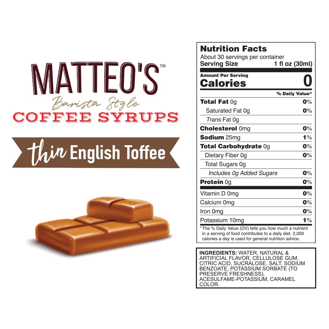 Mateo's English Toffee Syrup being poured, offering a sugar-free sweetness ideal for lattes.