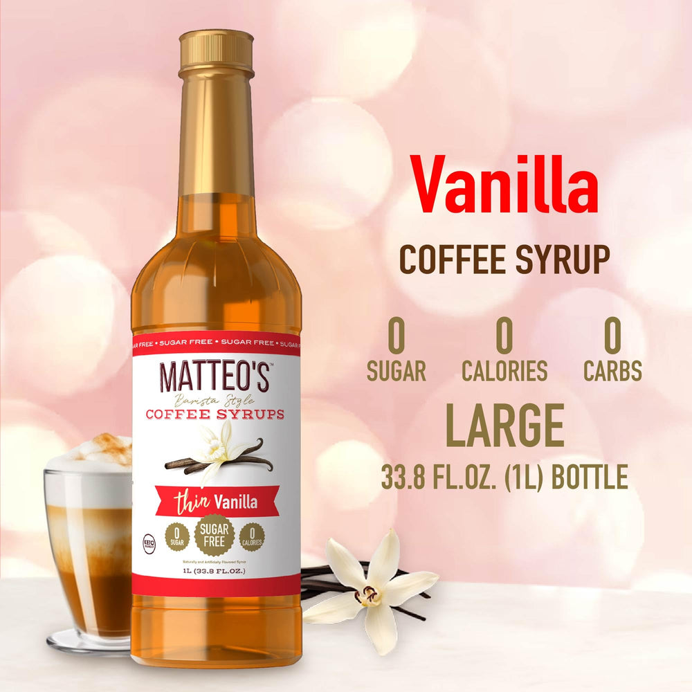 Mateo's vanilla syrup stirred into coffee for a rich aroma.