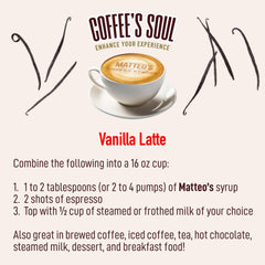 Latte art with Matteo's vanilla syrup drizzle on top.