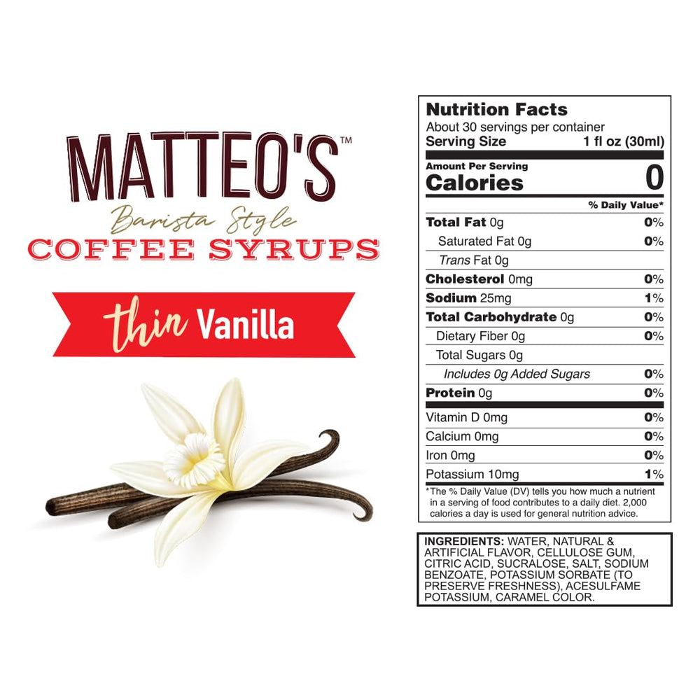 Pouring Matteo's vanilla syrup into a cup of coffee for a smooth boost.