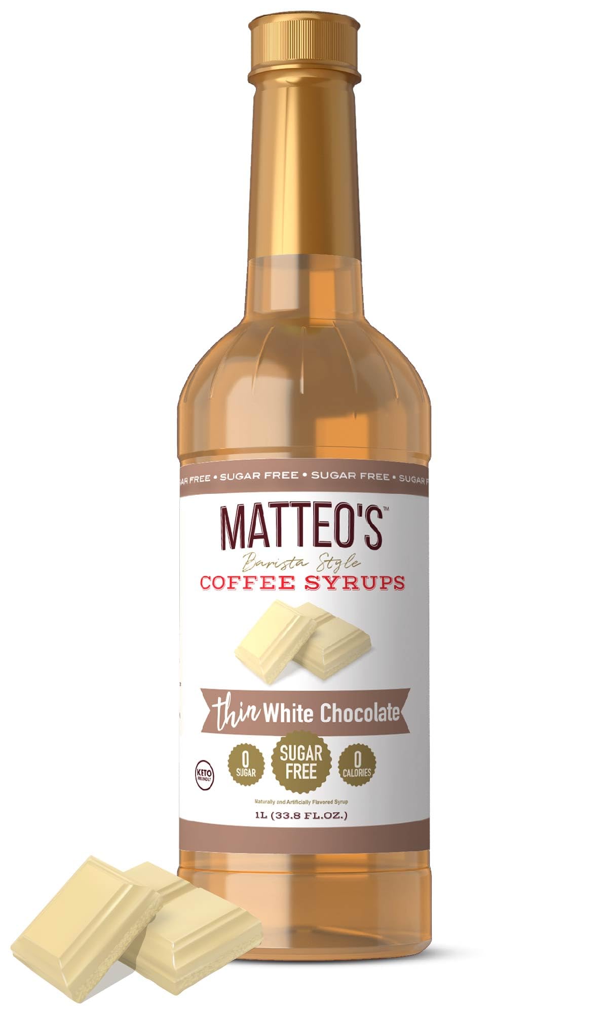 Matteo's White Chocolate Syrup bottle pour adds zero-calorie flavor.