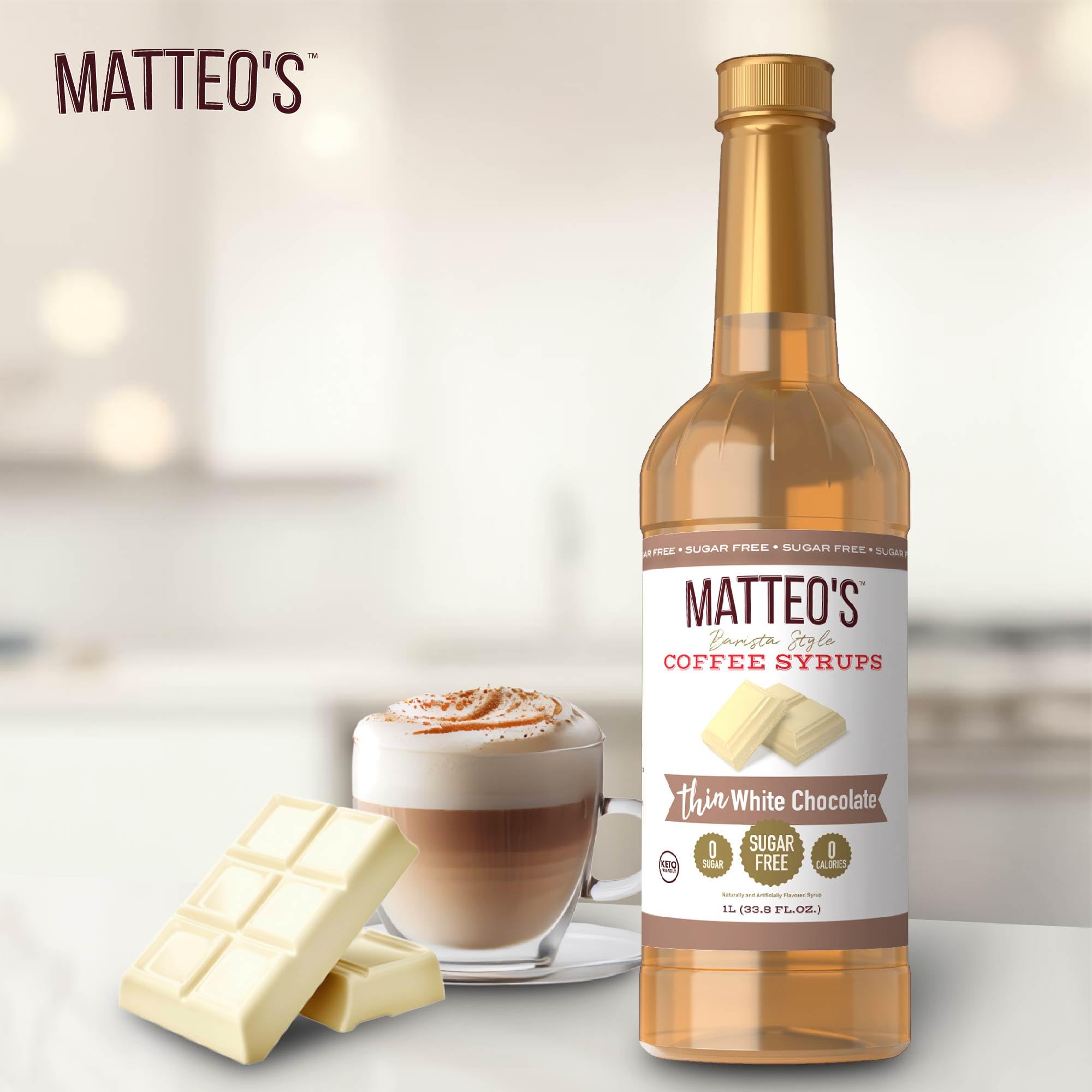 Matteo's White Chocolate Syrup on kitchen shelf for keto-friendly beverages.