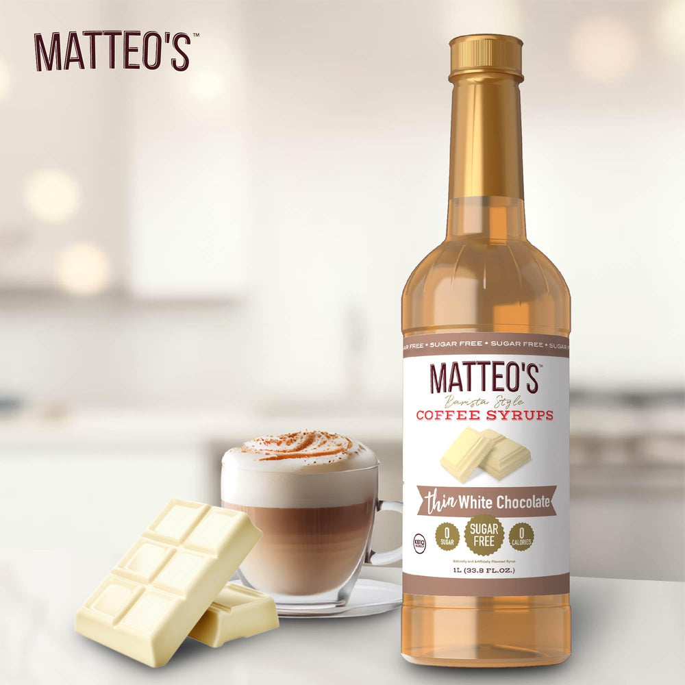 Matteo's White Chocolate Syrup on kitchen shelf for keto-friendly beverages.