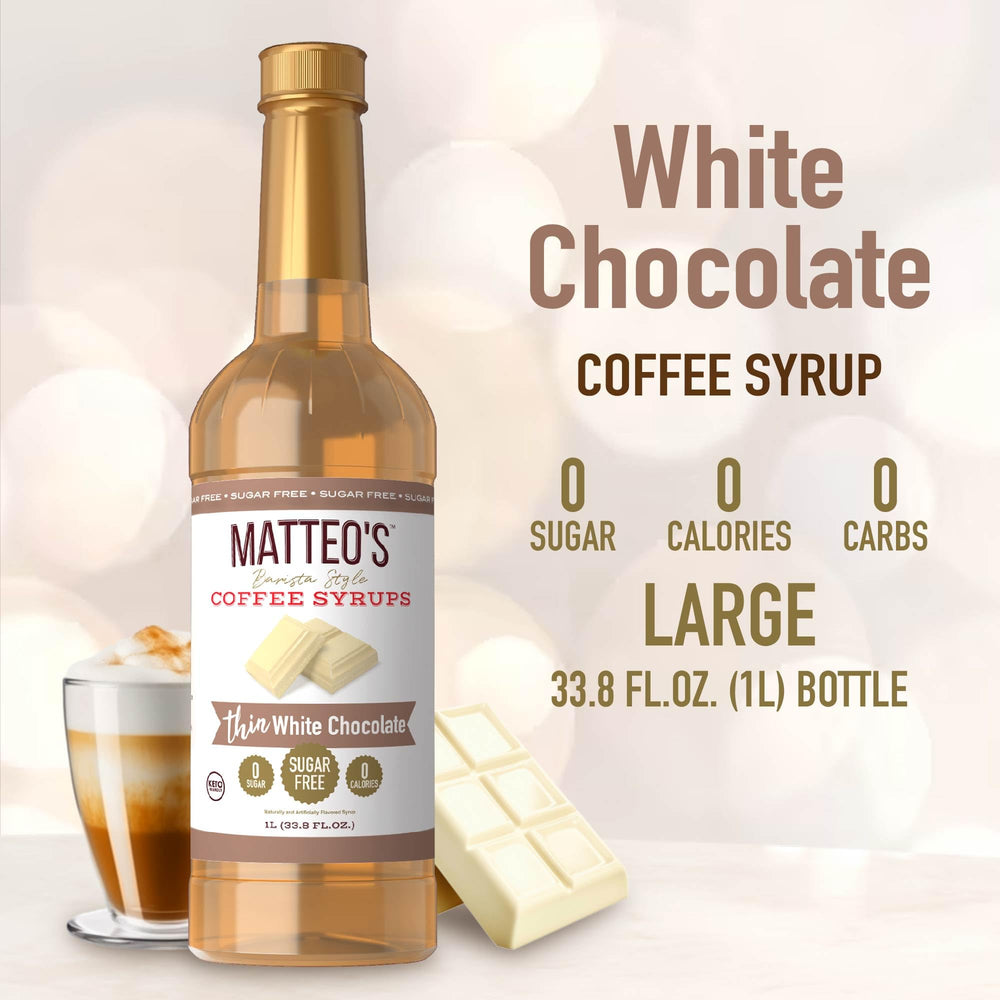 Matteo's White Chocolate Syrup latte art shot showcases rich, indulgent sweetness.