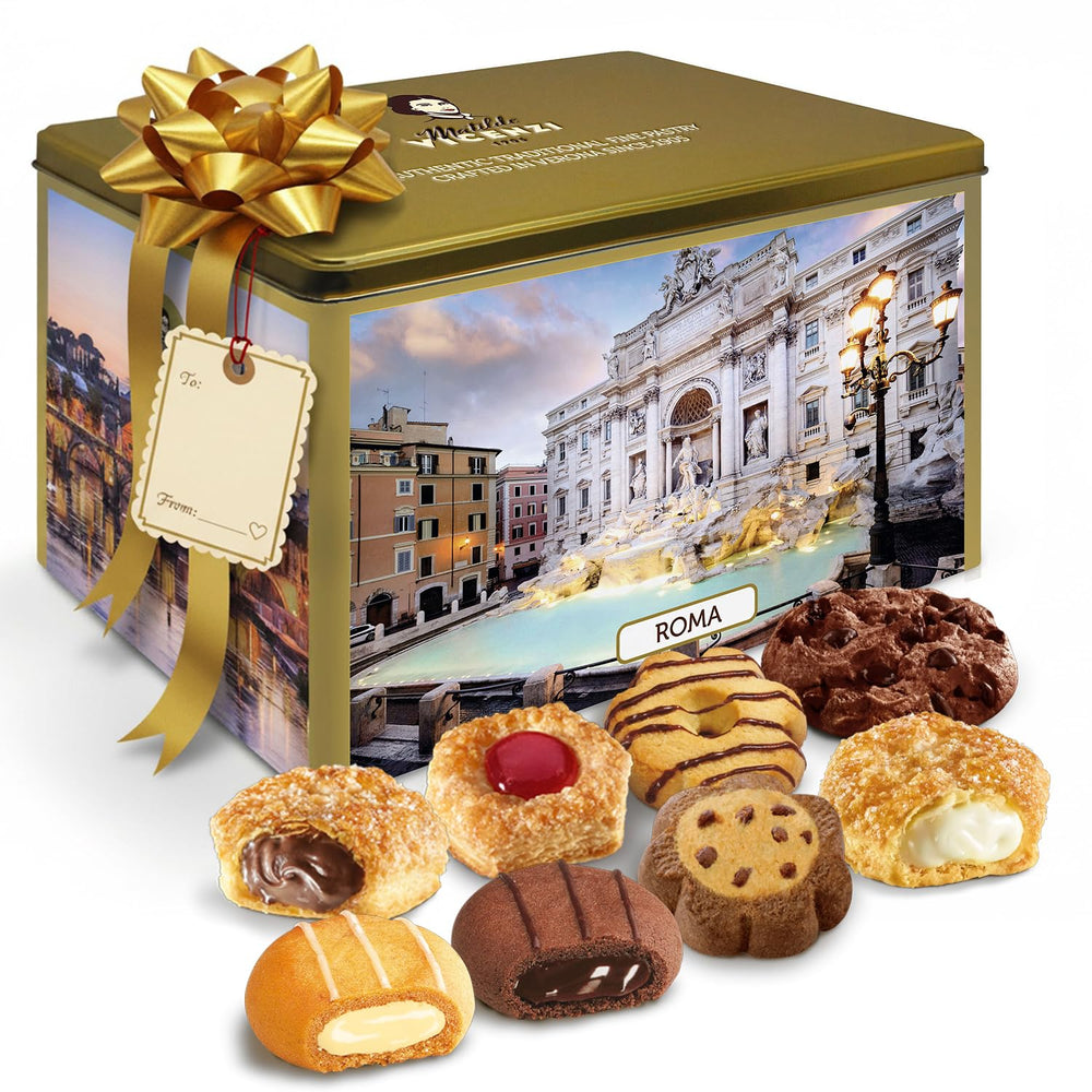 Matilde Vicenzi Roma gift tin front view, ideal for holiday gifting.