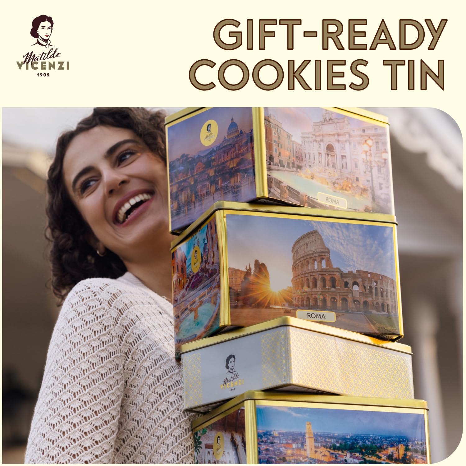Matilde Vicenzi Roma gift tin with pastry assortment, perfect for presenting Italian treats.