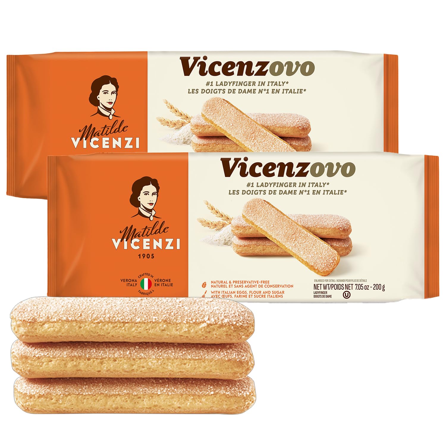 Matilde Vicenzi Vicenzovo Ladyfingers in classic packaging, ideal for tiramisu and coffee dunking.