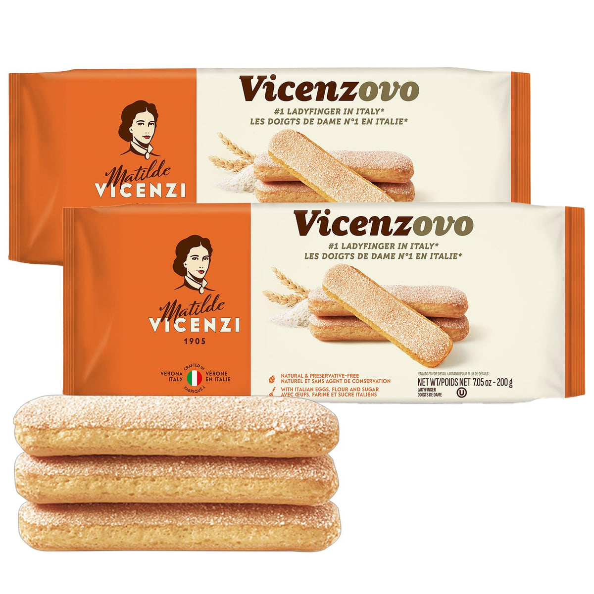 Matilde Vicenzi Vicenzovo Ladyfingers in classic packaging, ideal for tiramisu and coffee dunking.