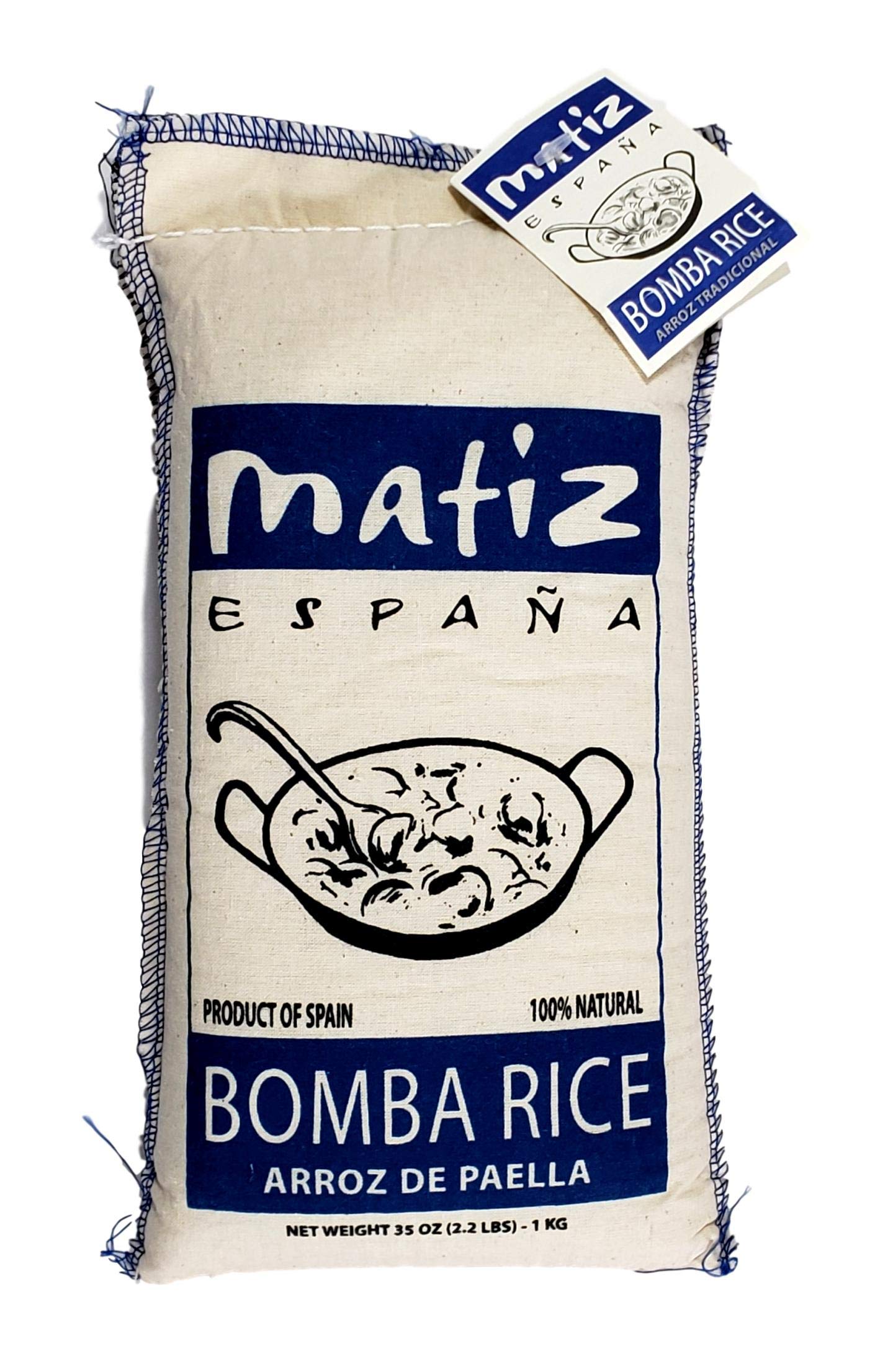 Matiz Bomba rice bag front view highlighting premium Spanish grains for paella