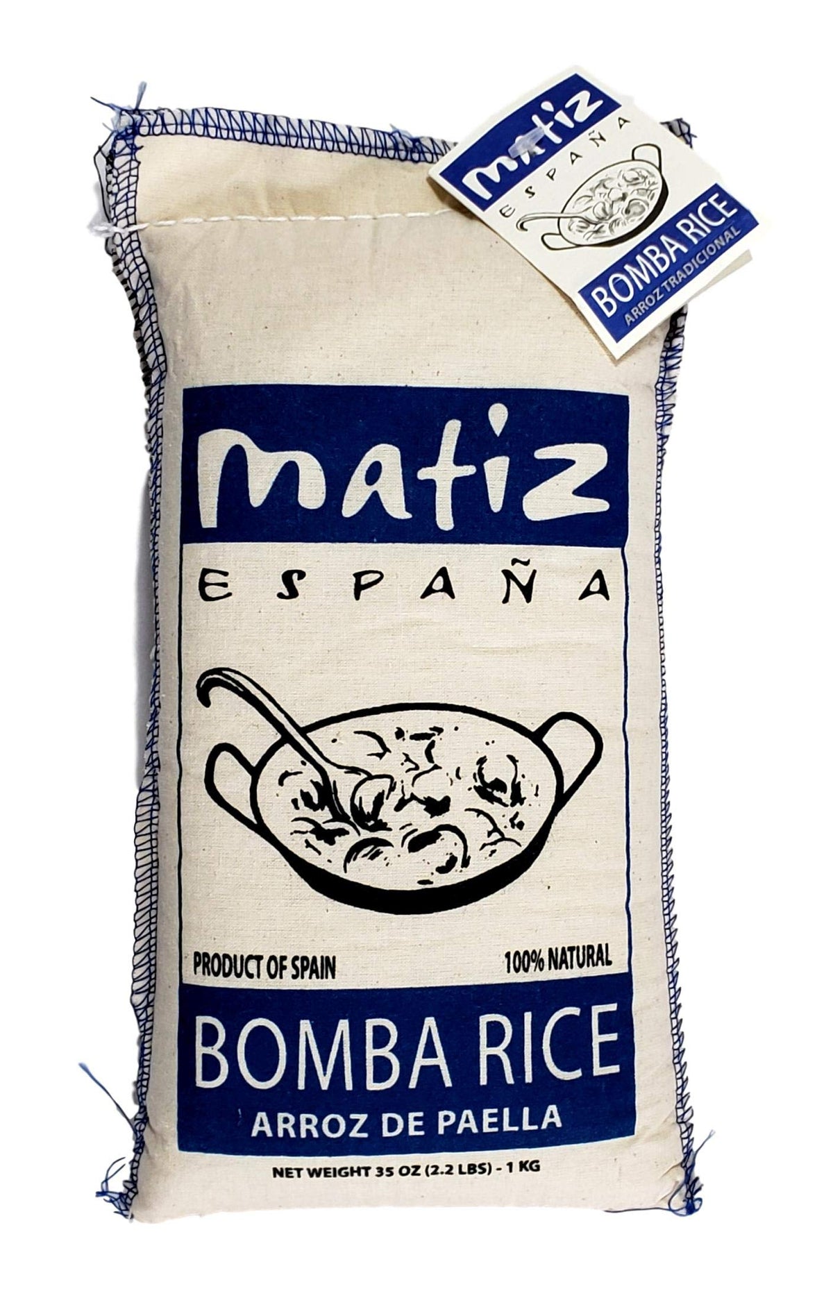 Matiz Bomba rice bag front view highlighting premium Spanish grains for paella