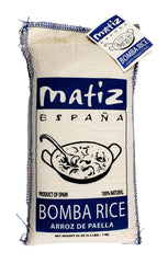 Matiz Bomba rice bag front view highlighting premium Spanish grains for paella