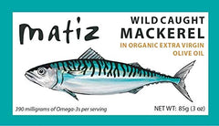 Matiz mackerel in EVOO 3 oz can showing premium quality and texture.