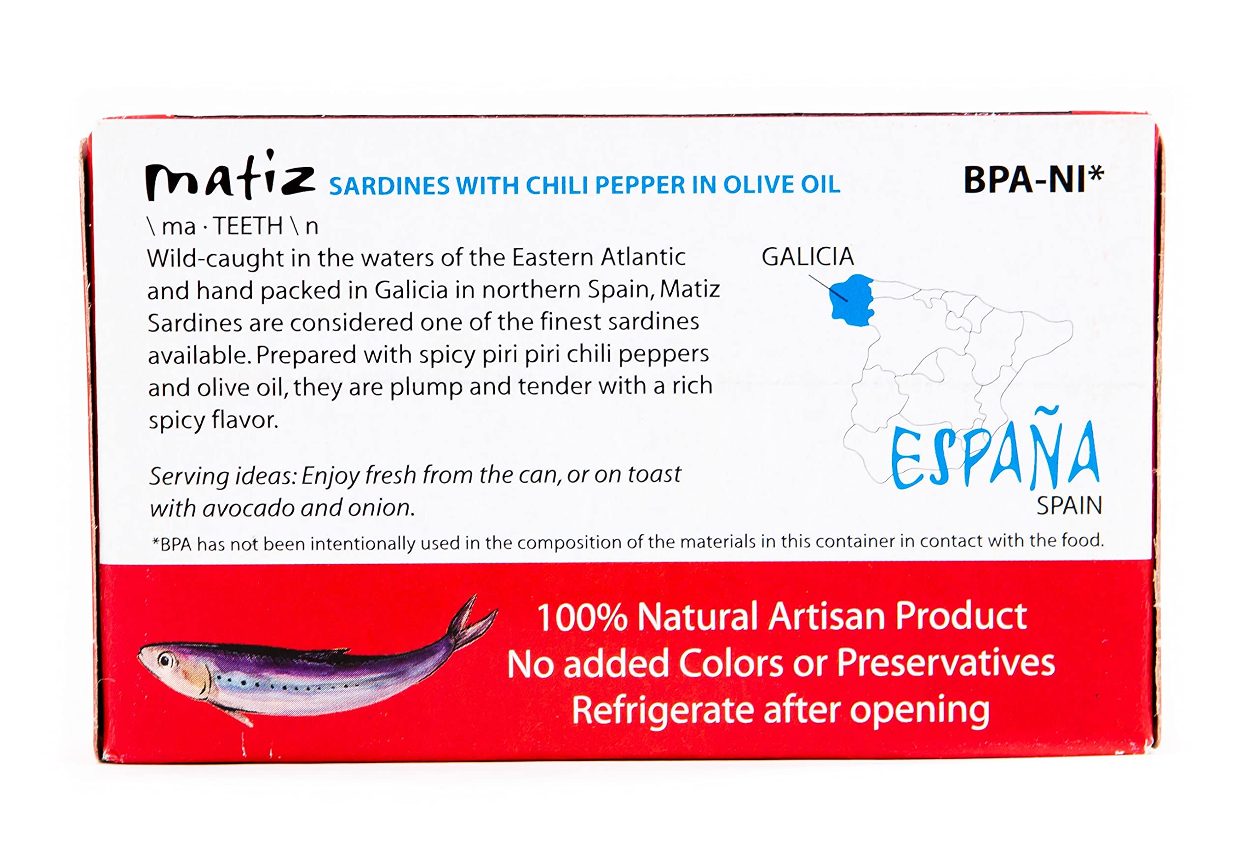 Matiz sardines with Piri Piri peppers, olive oil, and bold flavor.