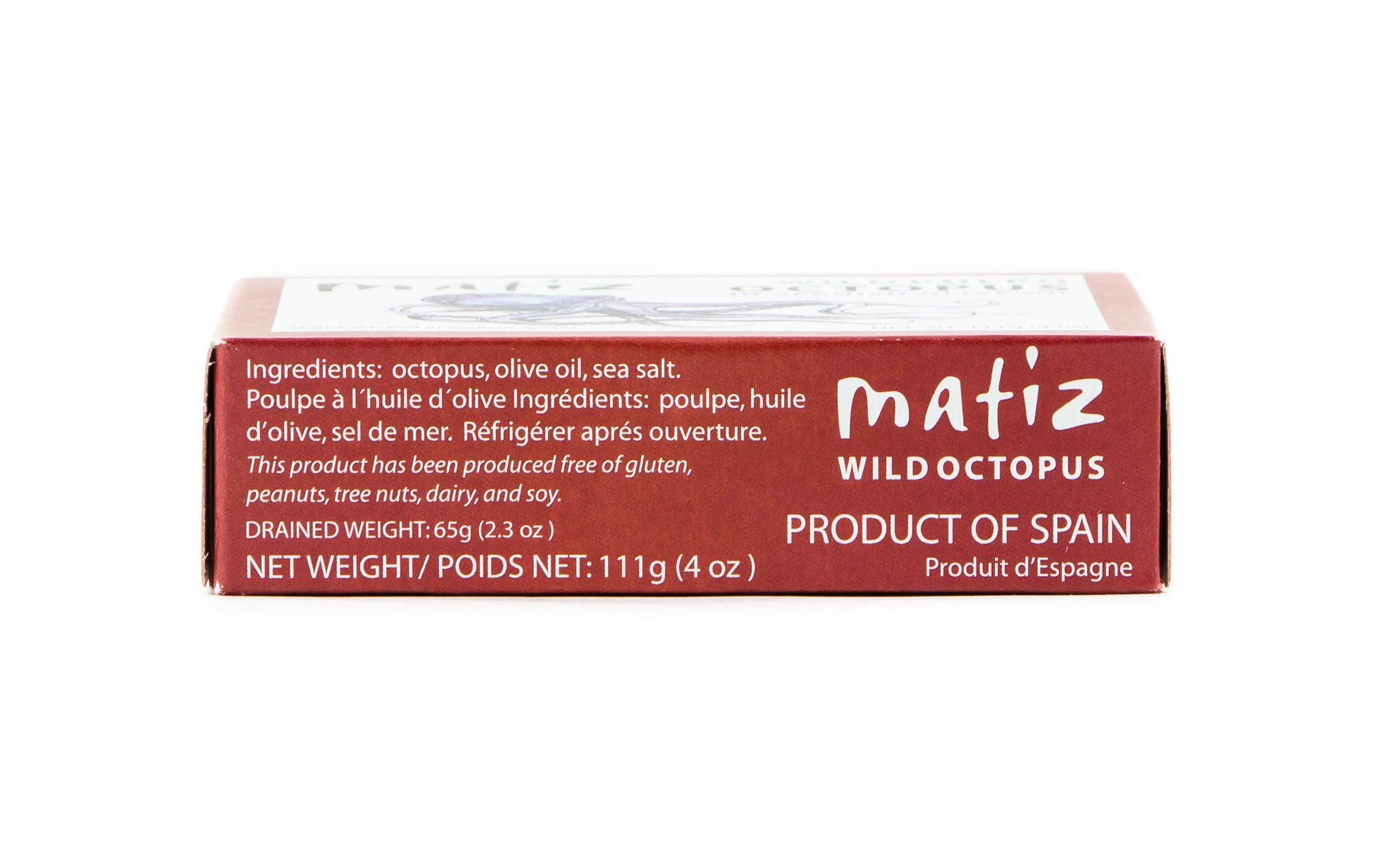 Matiz Pulpo open tin reveals glossy octopus pieces in Spanish olive oil.