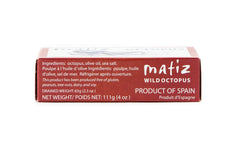Matiz Pulpo open tin reveals glossy octopus pieces in Spanish olive oil.