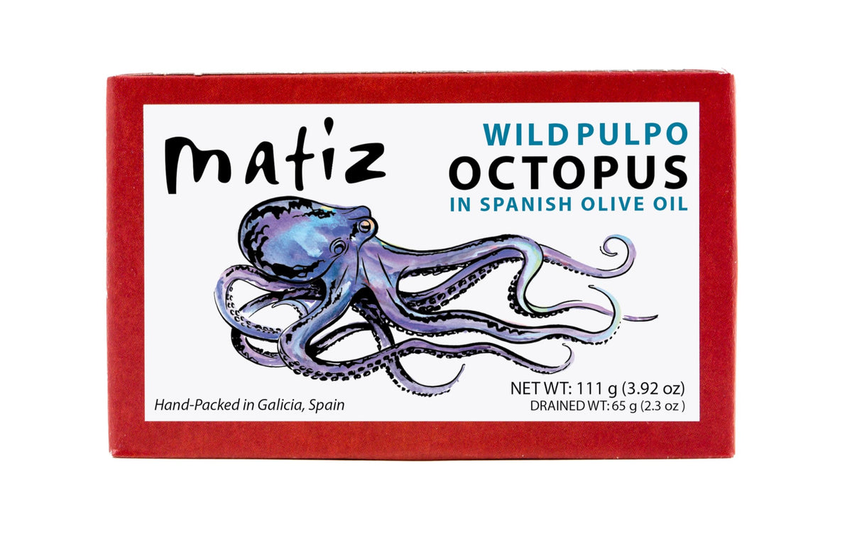 Matiz Pulpo jar with wild-caught octopus in olive oil, ready for tapas.