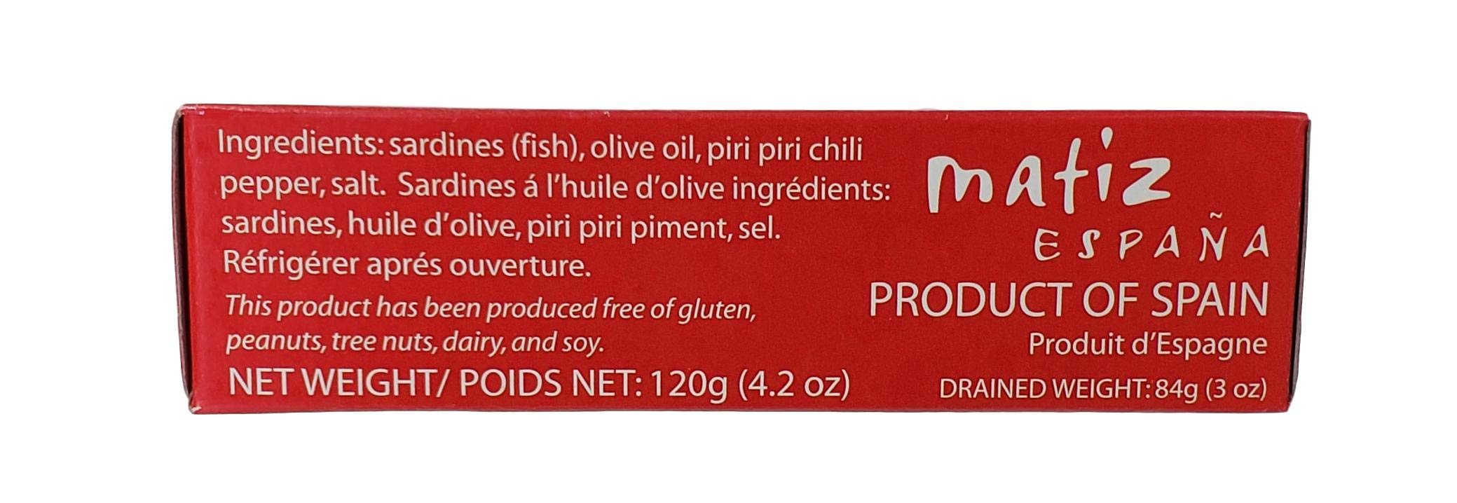 Matiz sardines on crackers with olive oil and Piri Piri peppers.