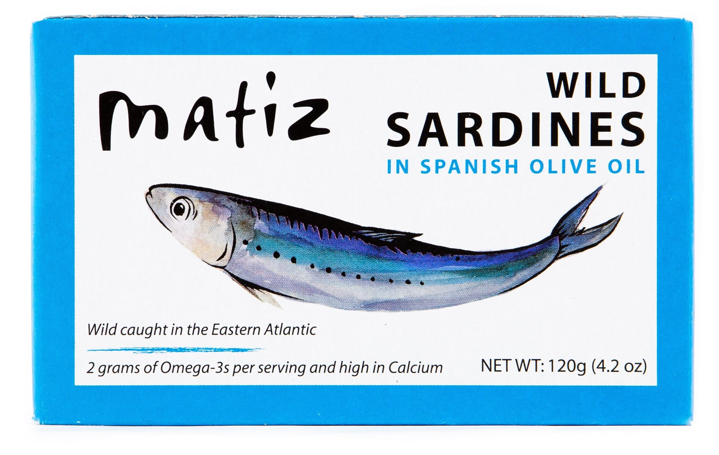 Matiz sardines in olive oil packaging front view for pantry-ready purchase