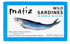 Matiz sardines in olive oil packaging front view for pantry-ready purchase