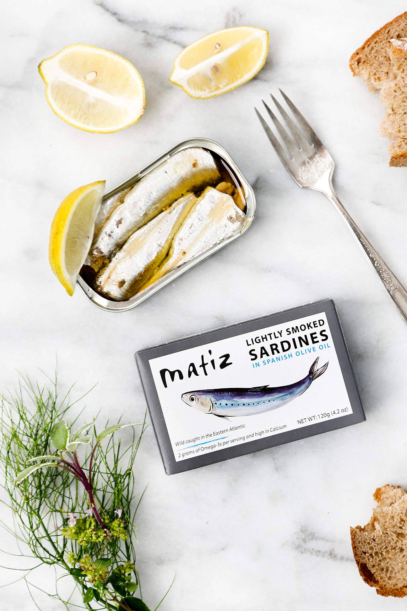 Matiz Sardines Lightly Smoked in natural olive oil - protein-rich option for quick snacks.