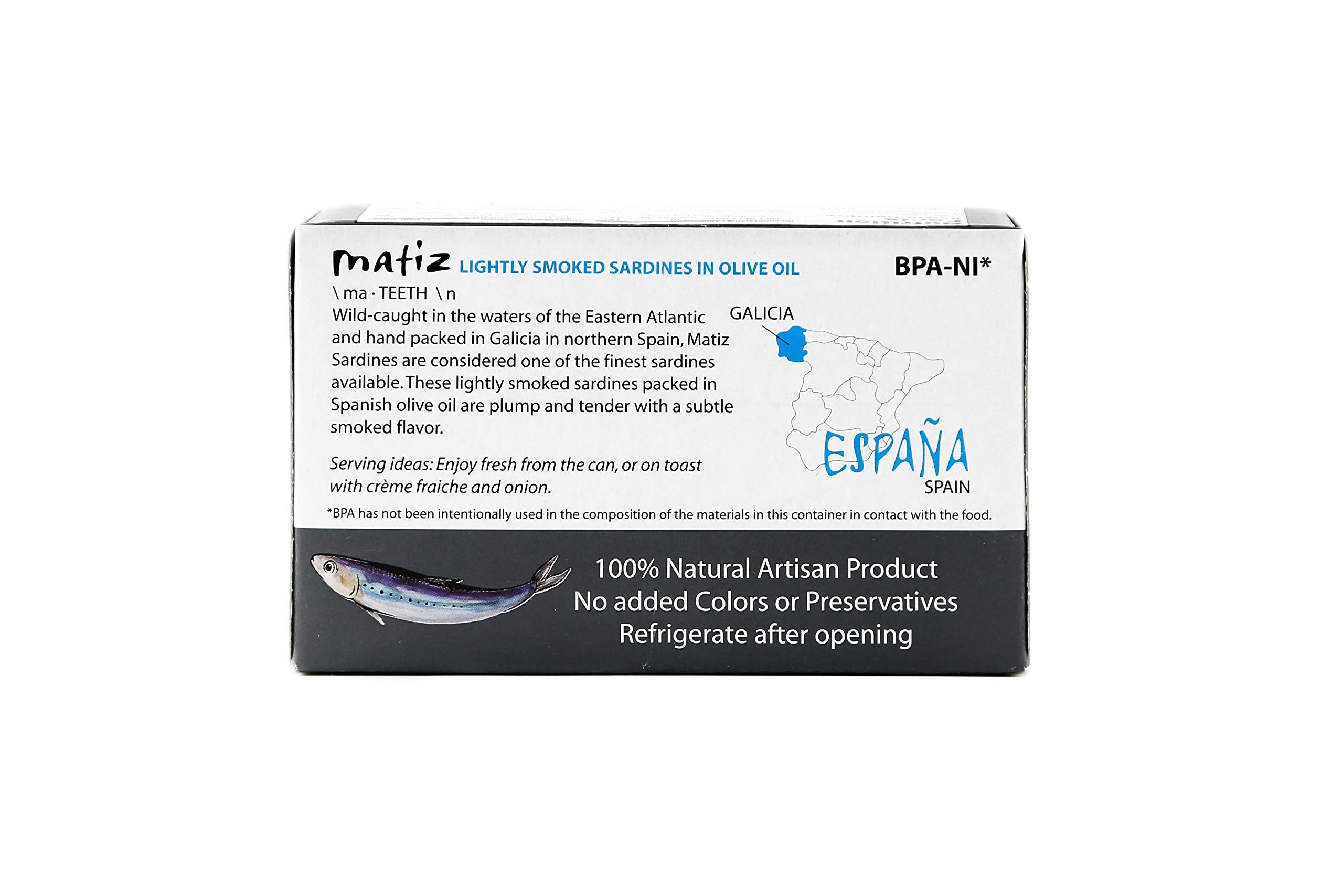 Matiz Sardines Lightly Smoked with olive oil drizzle - versatile addition to pasta or salad.