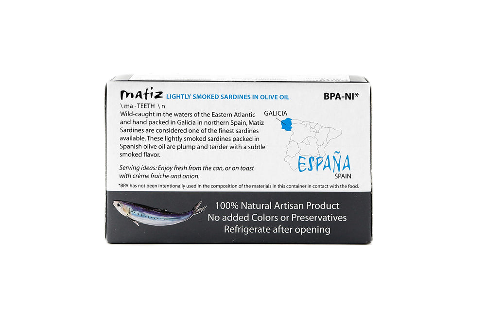 Matiz Sardines Lightly Smoked with olive oil drizzle - versatile addition to pasta or salad.