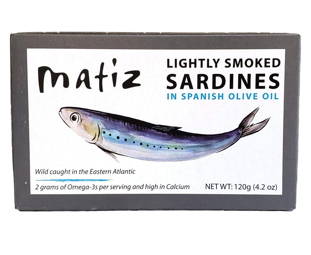 Matiz Sardines Lightly Smoked pack shot - premium flavor and protein-packed snack.