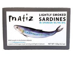 Matiz Sardines Lightly Smoked pack shot - premium flavor and protein-packed snack.