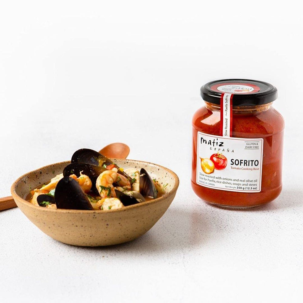 Matiz Sofrito bruschetta or pasta base, versatile uses beyond paella.