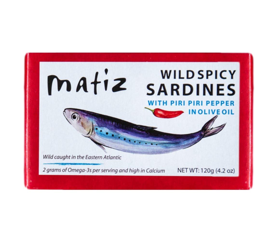 Matiz spicy wild sardines in olive oil pack of five tins, protein-rich snack.