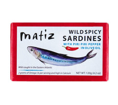 Matiz spicy wild sardines in olive oil pack of five tins, protein-rich snack.