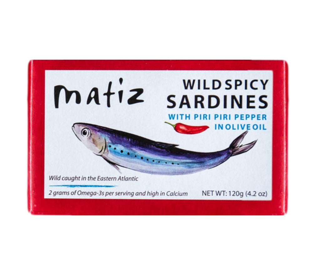 Matiz spicy wild sardines in olive oil tin, premium quality.