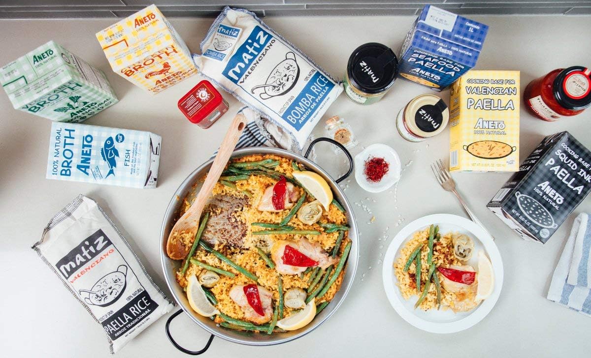 Matiz Valenciano paella rice label signals clean, chemical-free processing.
