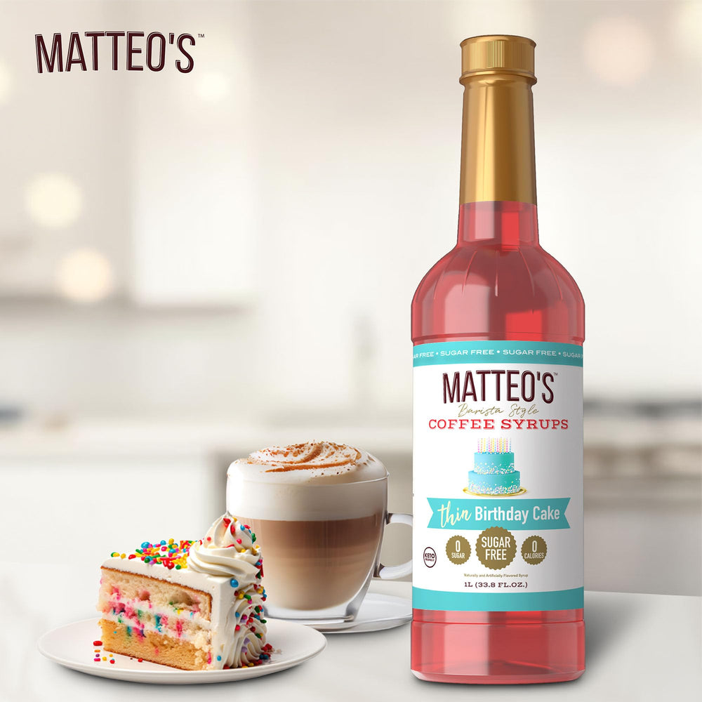 Matteo's Birthday Cake Syrup sugar-free bottle on kitchen counter