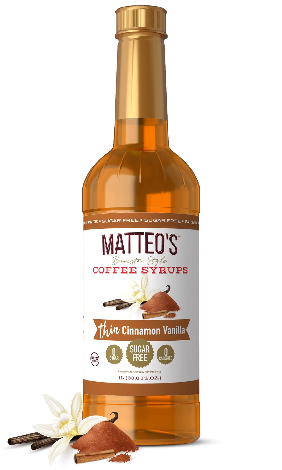 Matteo's Cinnamon Vanilla Syrup bottle on counter adds sugar-free flavor to beverages.