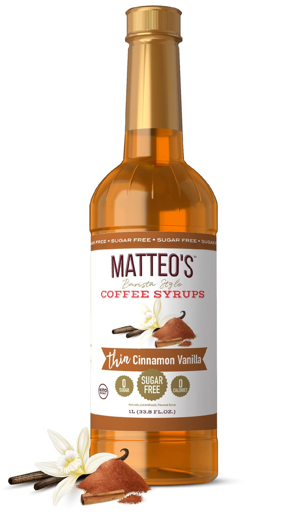 Matteo's Cinnamon Vanilla Syrup bottle on counter adds sugar-free flavor to beverages.